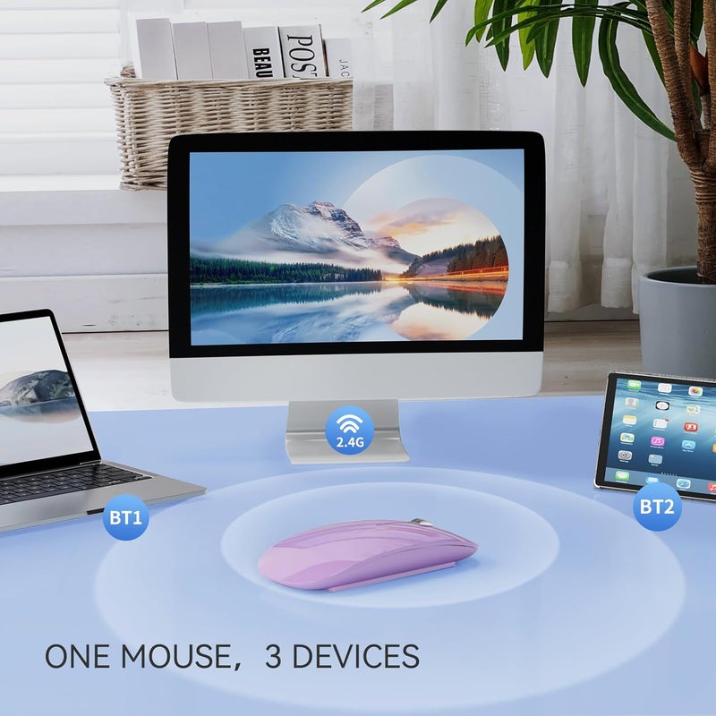 TENMOS M18 Bluetooth Mouse, USB C Rechargeable Wireless Mouse, Triple Mode (Dual Bluetooth+USB) Computer Silent Mice Portable with USB Receiver and Type C Adapter for Laptop/MacBook/iPad/PC - Purple - Image 3